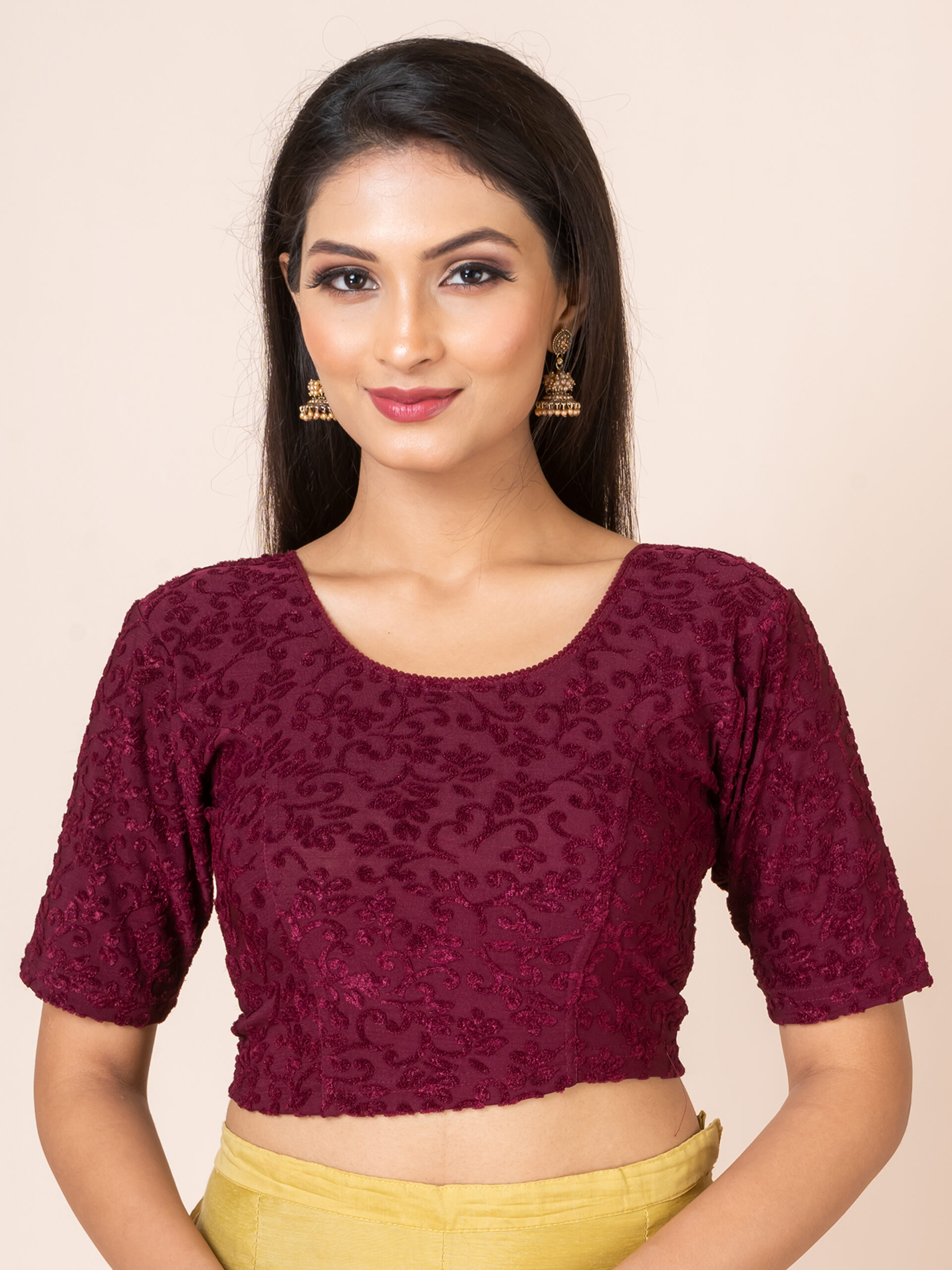 Round Neck Braso Cotton Lycra Stretchable Elbow Sleeve Readymade Saree Blouse for Women